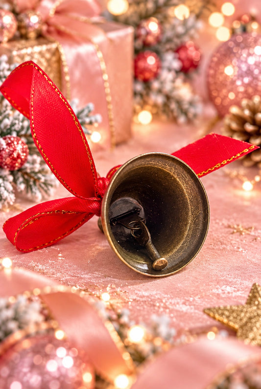 A close-up festive scene with a small antique-style bell tied with a bright red ribbon, surrounded by pink holiday decorations, gift boxes, lights, and snow-dusted greenery.