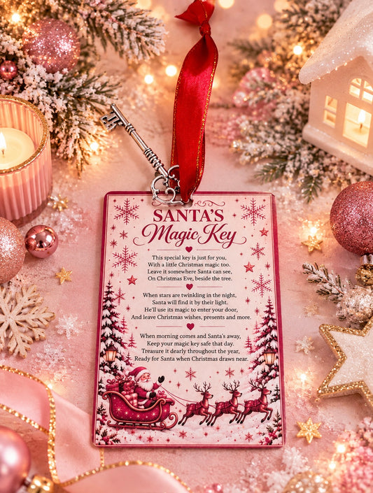 A decorative Christmas ornament shaped like a key with a red ribbon loop, printed with the text 'Santa's Magic Key' and festive illustrations, displayed on a soft pink holiday surface with ornaments, candles, and lights.