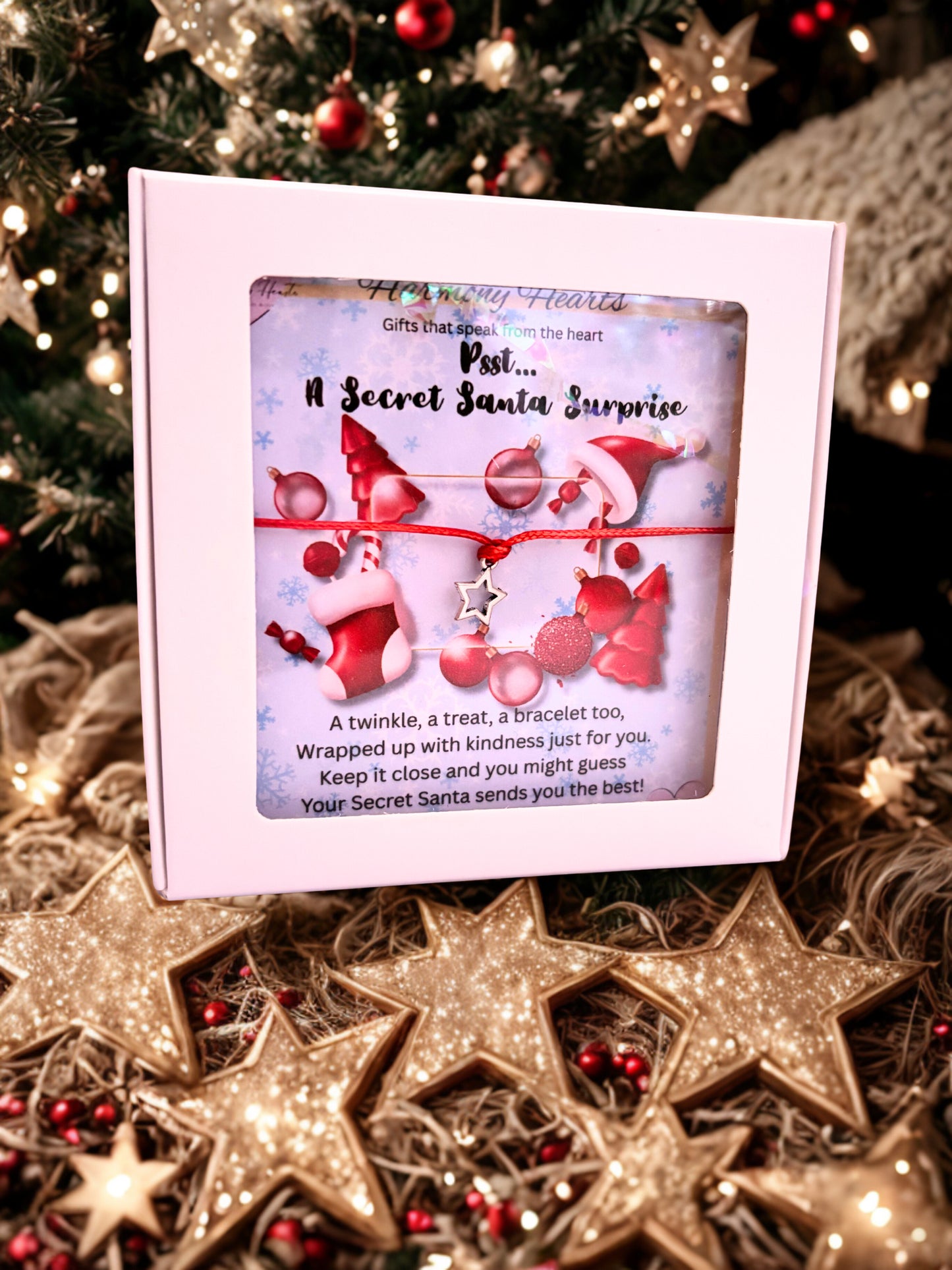 Secret Santa gift bag with festive design on a Christmas-themed background