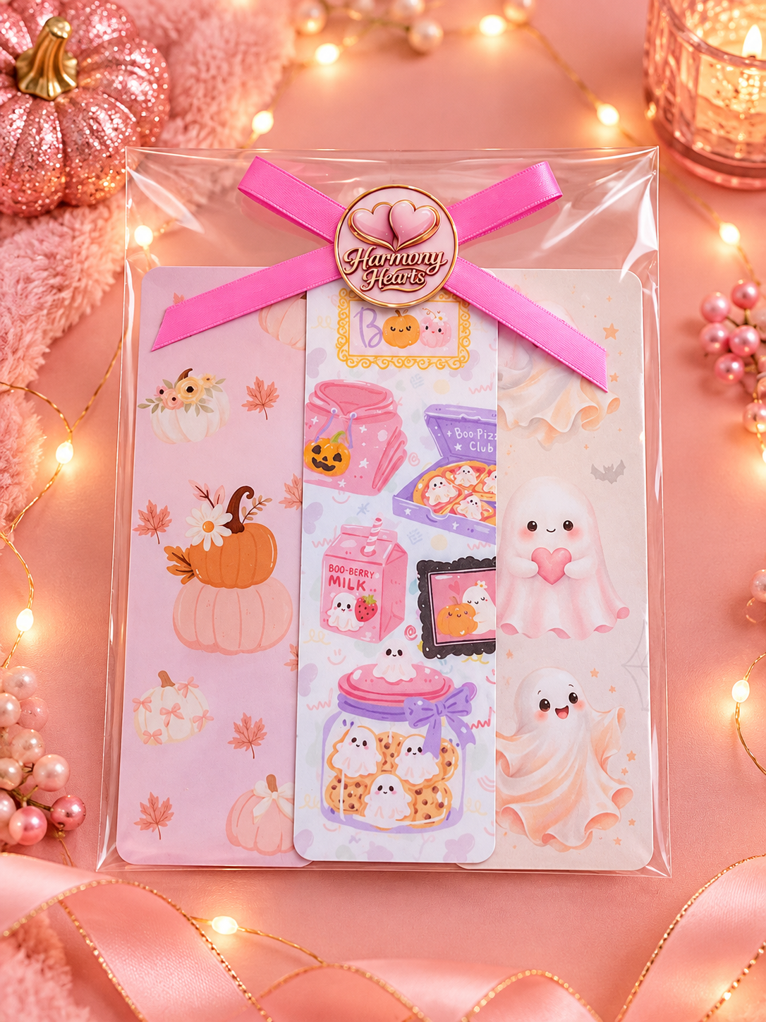 A packaged set of cute Halloween-themed bookmarks from the brand 'Harmony Hearts'. The set includes a pink pumpkin, a central bookmark with cute ghosts, candy jars, and pumpkins, and a white ghost bookmark, all wrapped in a clear bag with a pink ribbon and a gold heart-shaped seal.