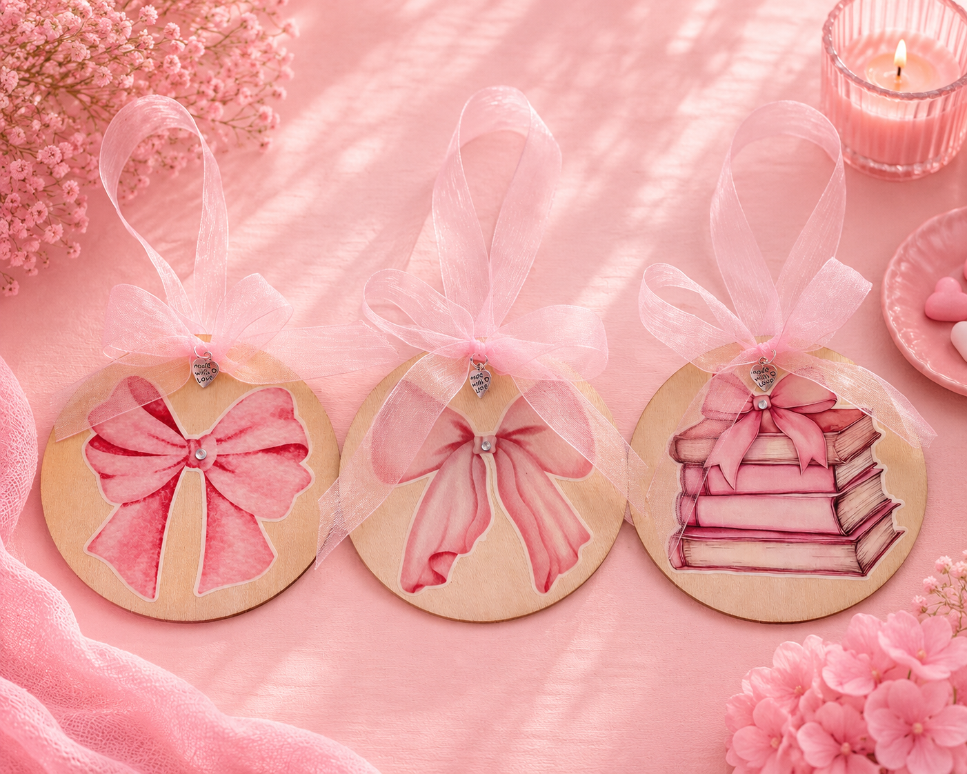 Three round hanging ornaments with pink ribbon bows are arranged on a pink surface. The left ornament shows a large pink bow, the middle shows a pink ribbon bow with a small gem, and the right shows a stack of pink books tied with a pink bow.