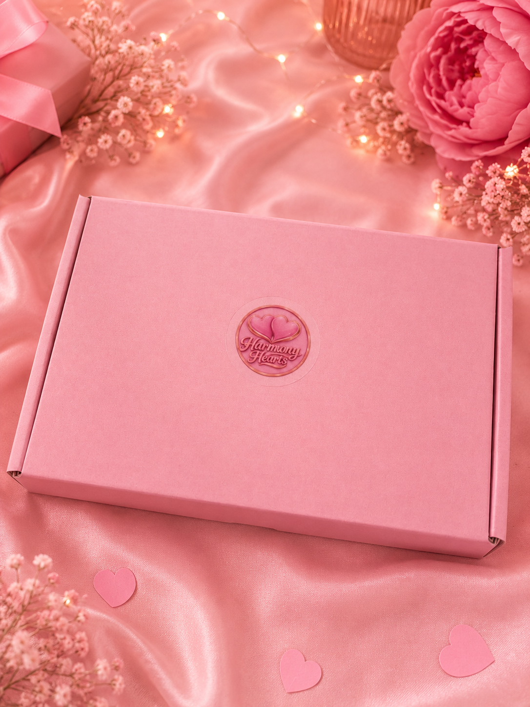 Pink box with a logo on a pink satin background with flowers and heart shapes.