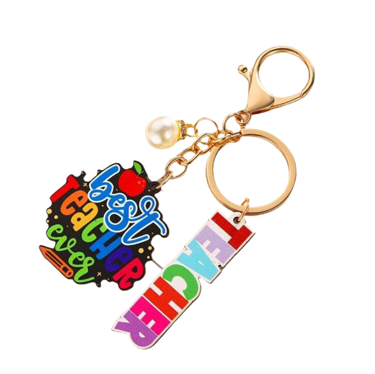 A collection of colorful teacher appreciation keychains with various designs, including books, pencils, and a rainbow, with a 'Best Teacher Ever' charm in the center.