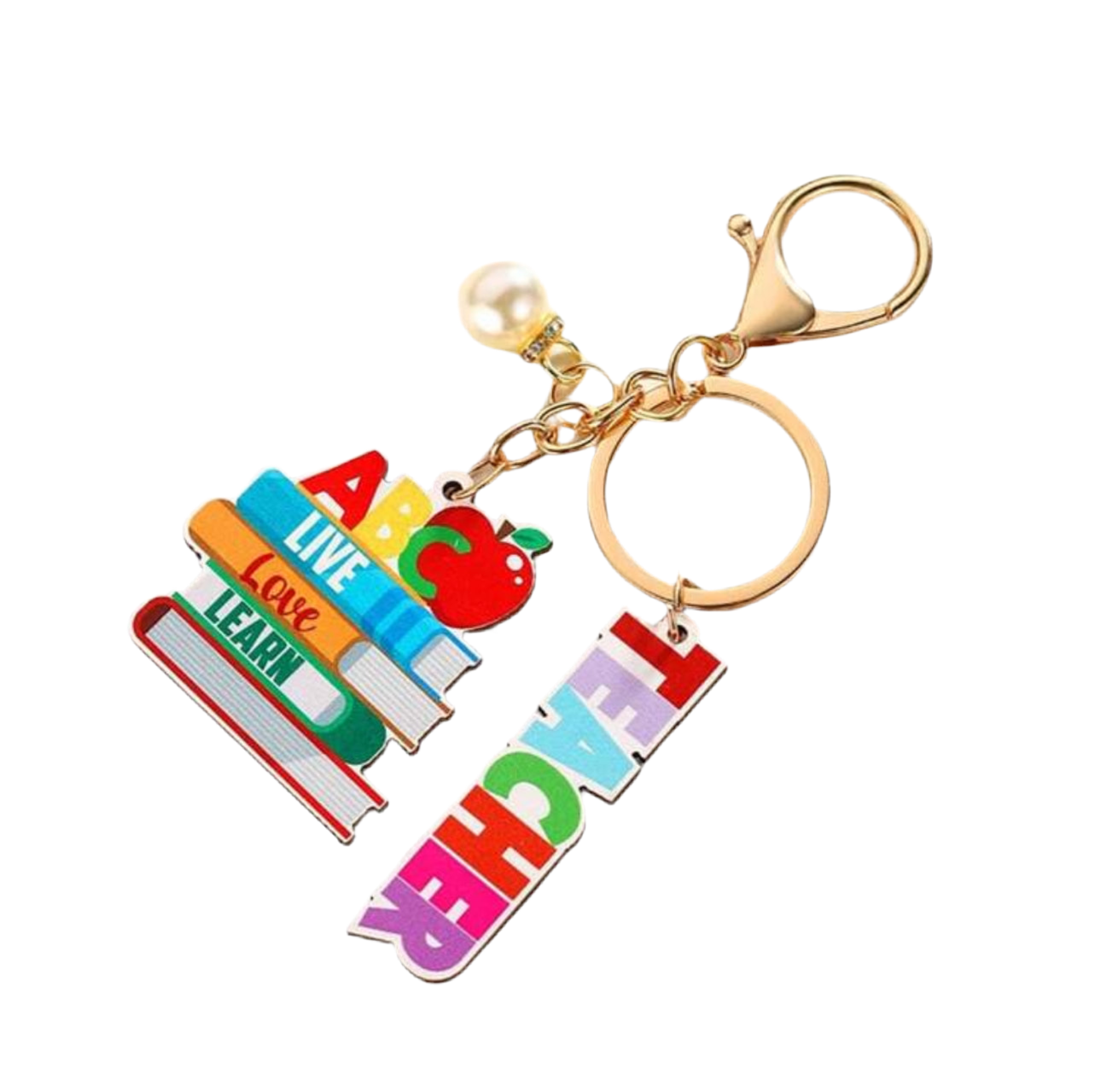 A collection of colorful teacher appreciation keychains with various designs, including books, pencils, and a rainbow, with a 'Best Teacher Ever' charm in the center.