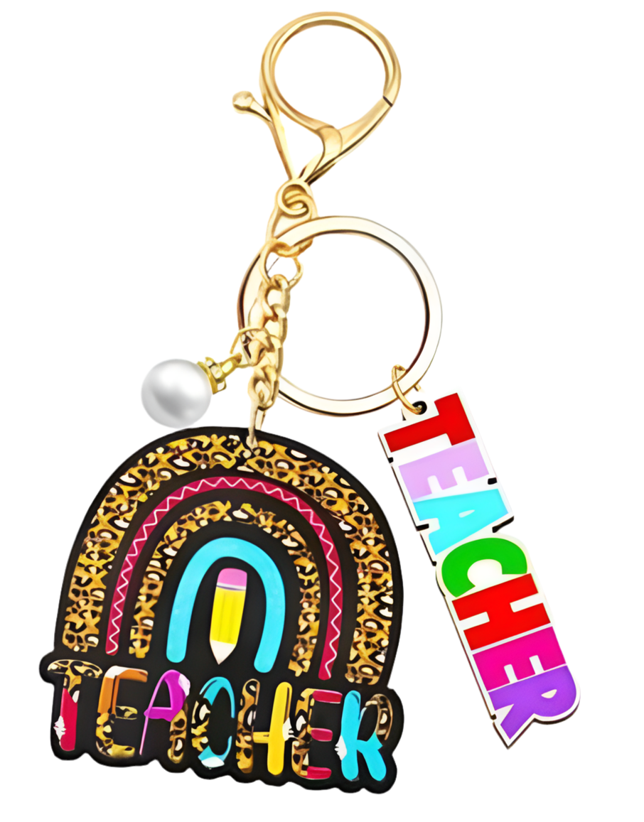 A collection of colorful teacher appreciation keychains with various designs, including books, pencils, and a rainbow, with a 'Best Teacher Ever' charm in the center.