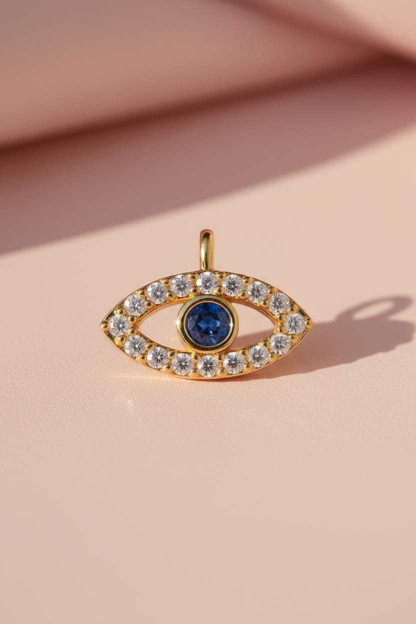 Gold eye-shaped charm with a blue gemstone and clear stones on a pink background