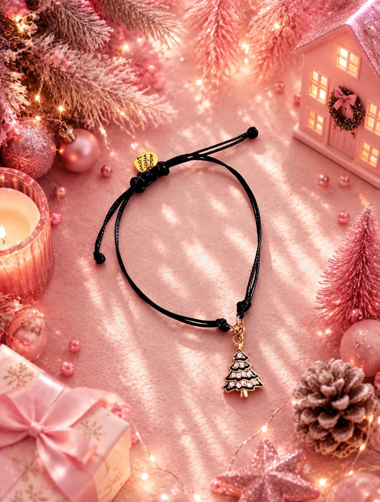 A black cord bracelet with a black and gold Christmas tree charm, styled on a pink holiday-themed background with lights, ornaments, and a miniature house.