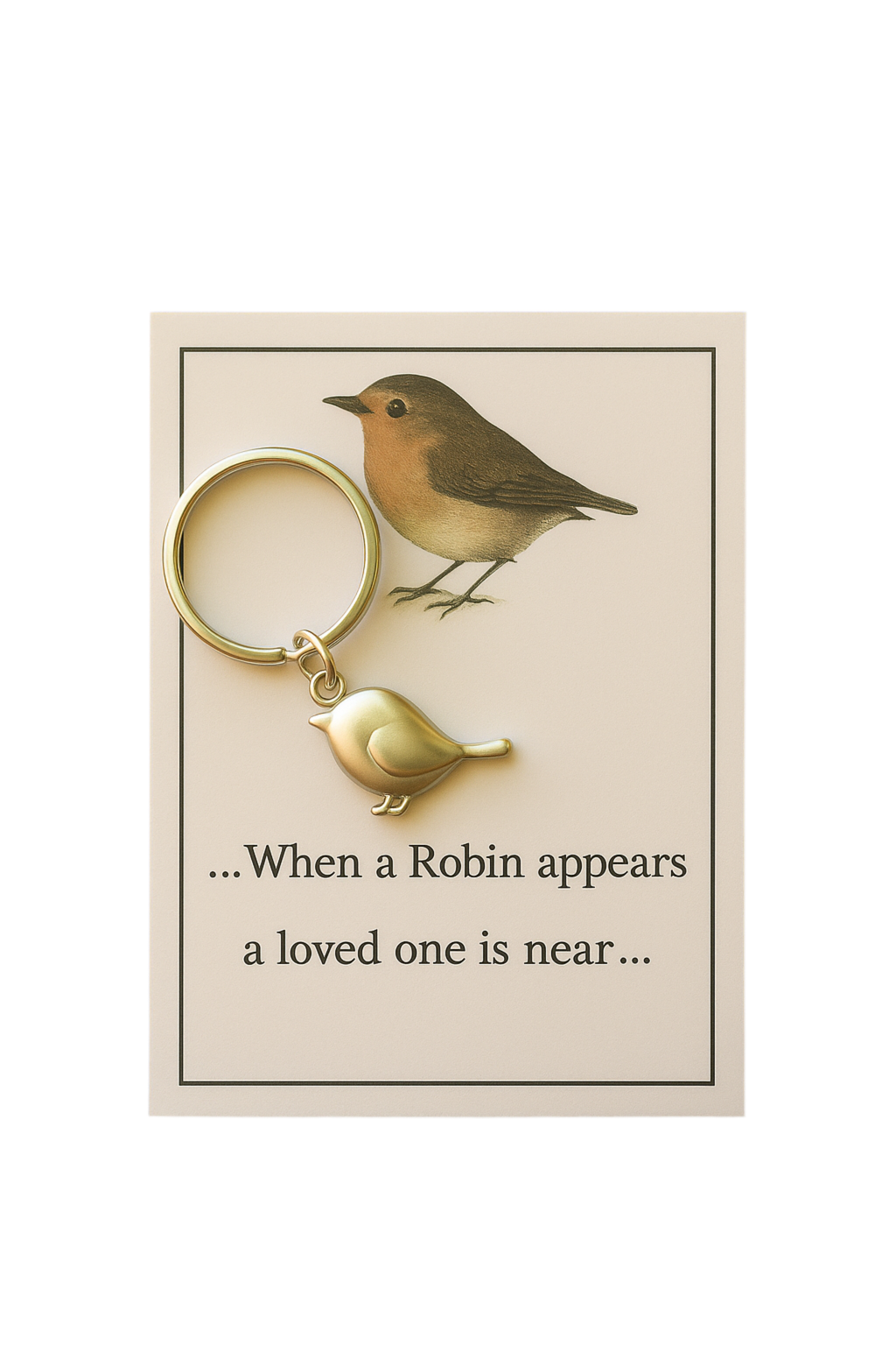 A silver keyring in the shape of a robin bird, presented on a card with the message '.