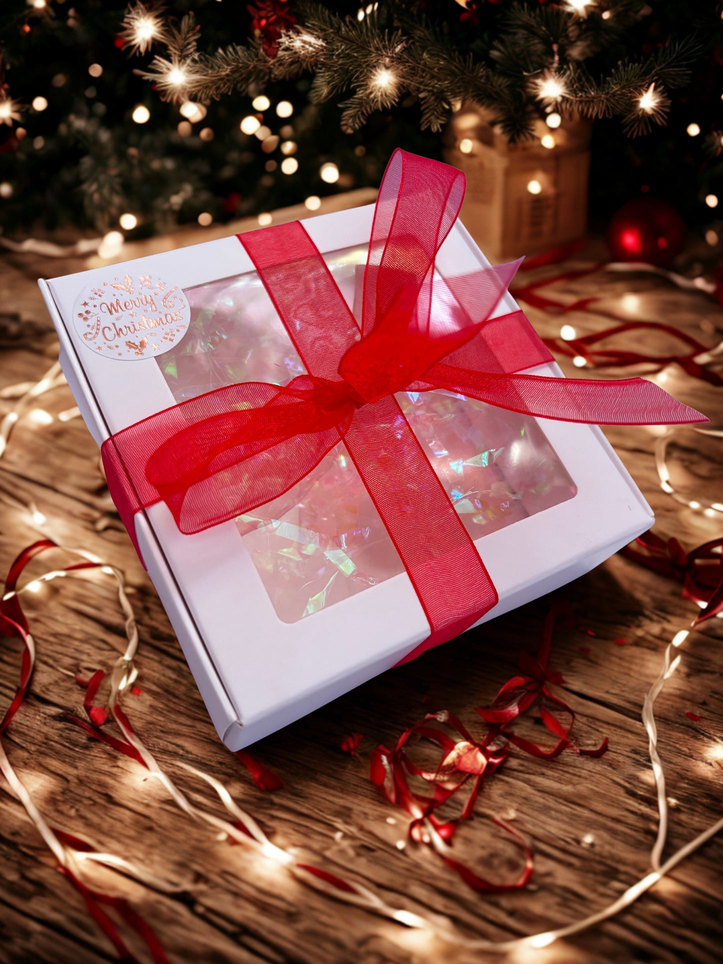 Gift box with a red ribbon under a Christmas tree with lights