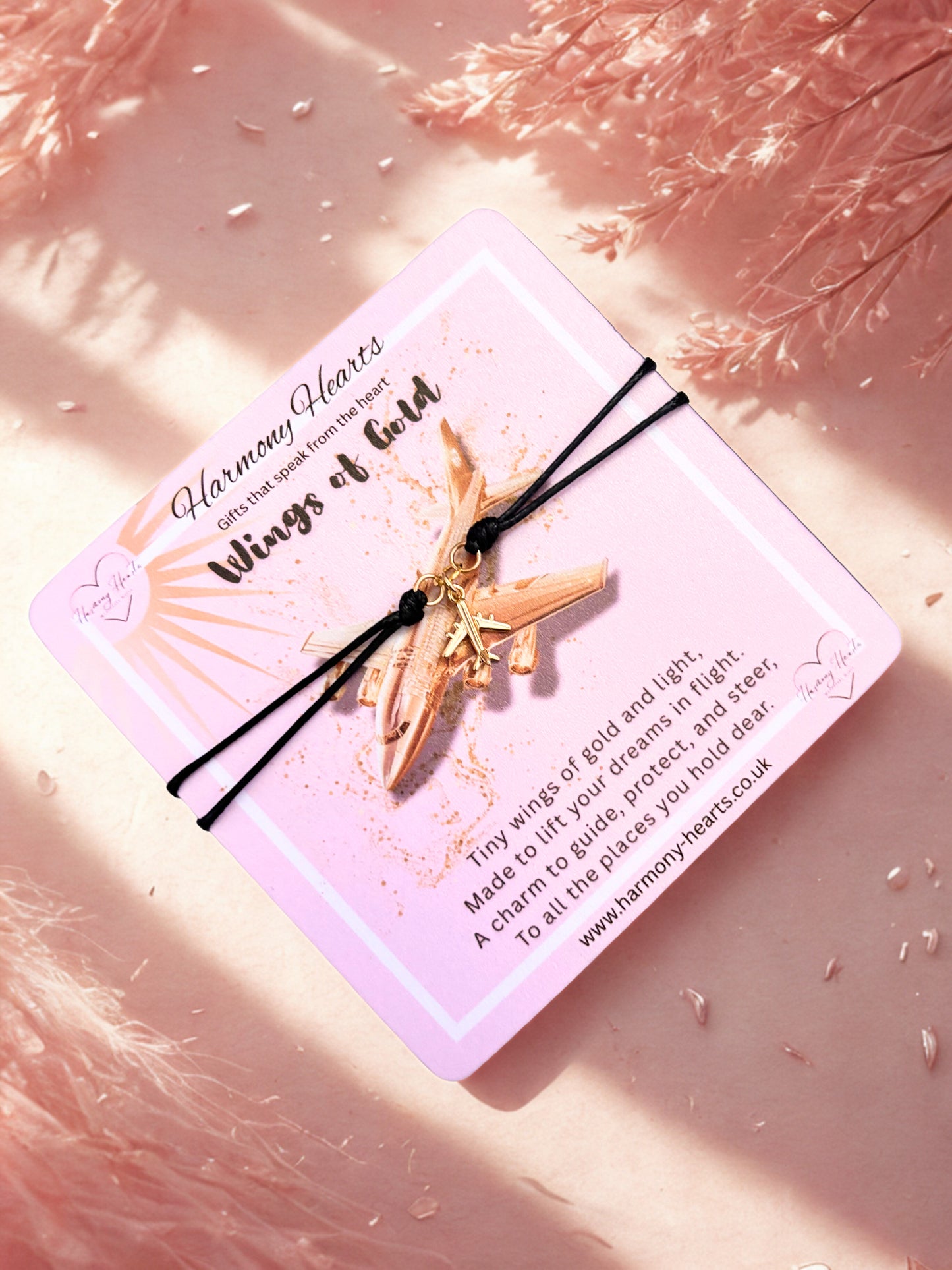 Gold aeroplane charm on a black cord with a pink card on a soft pink background