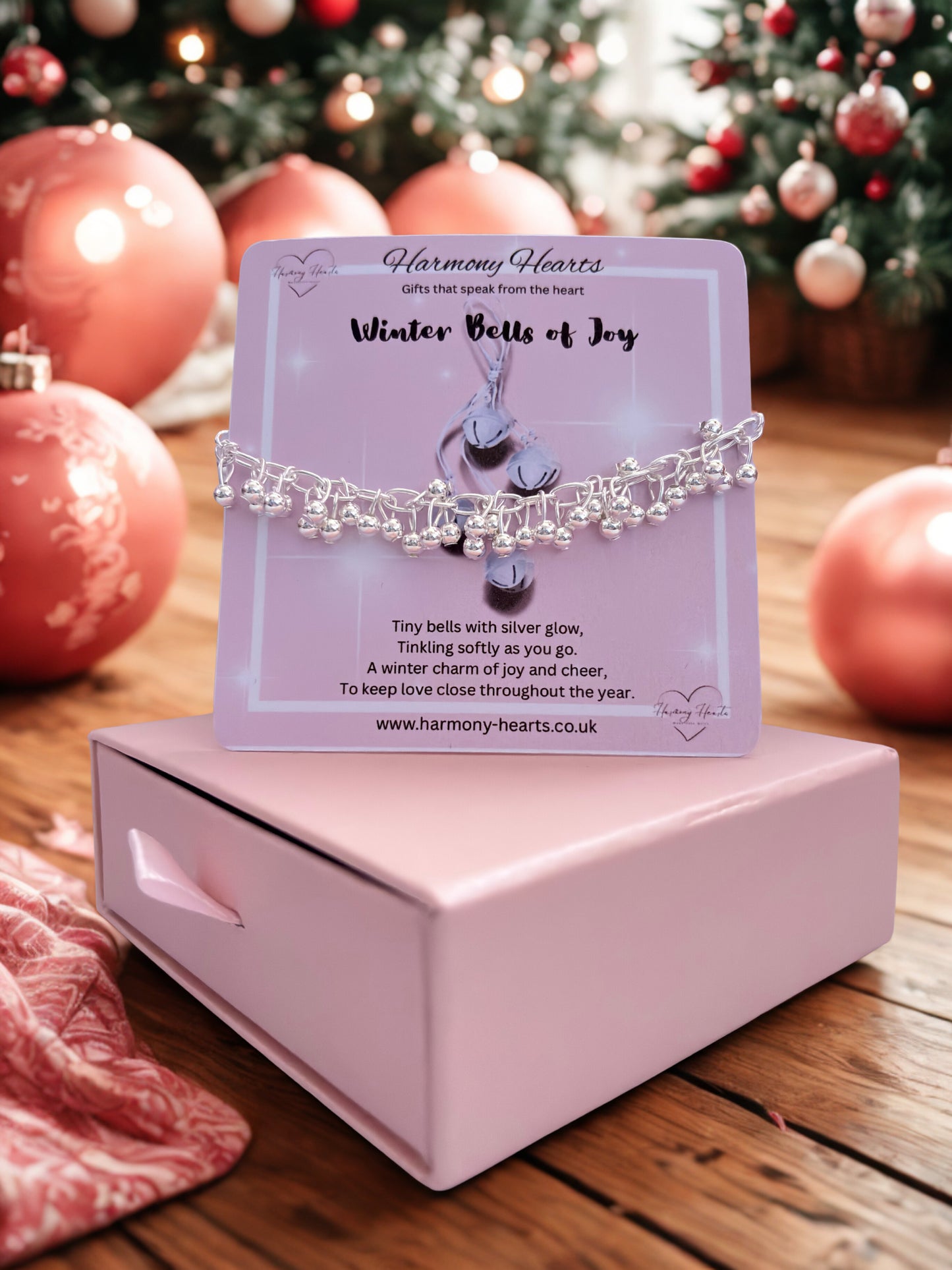 Bracelet on a card with Christmas decorations in the background