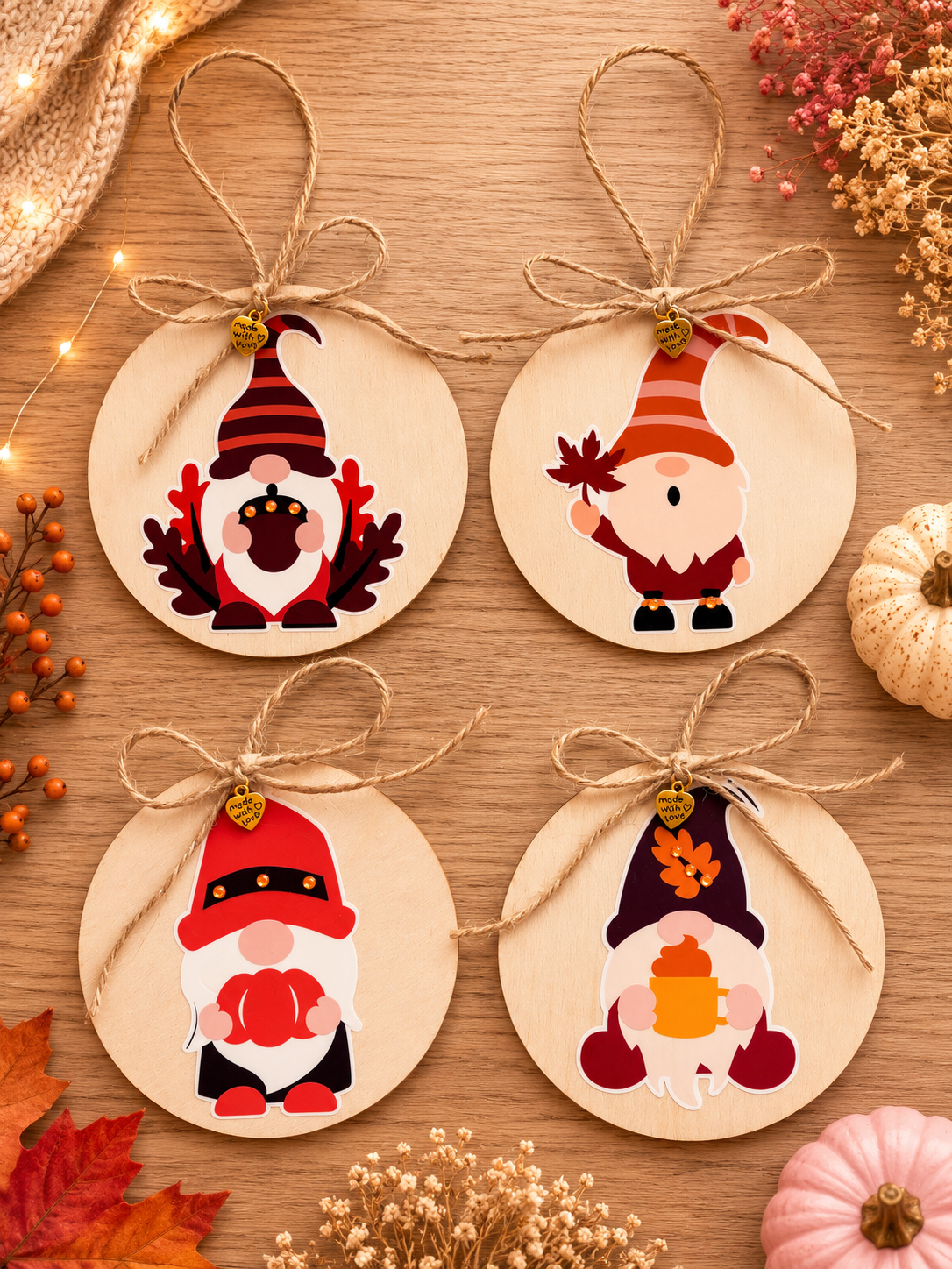 Four round wooden ornaments with hanging twine bows, each featuring a different gnome design in autumn colors, arranged on a wooden surface with fall decorations.