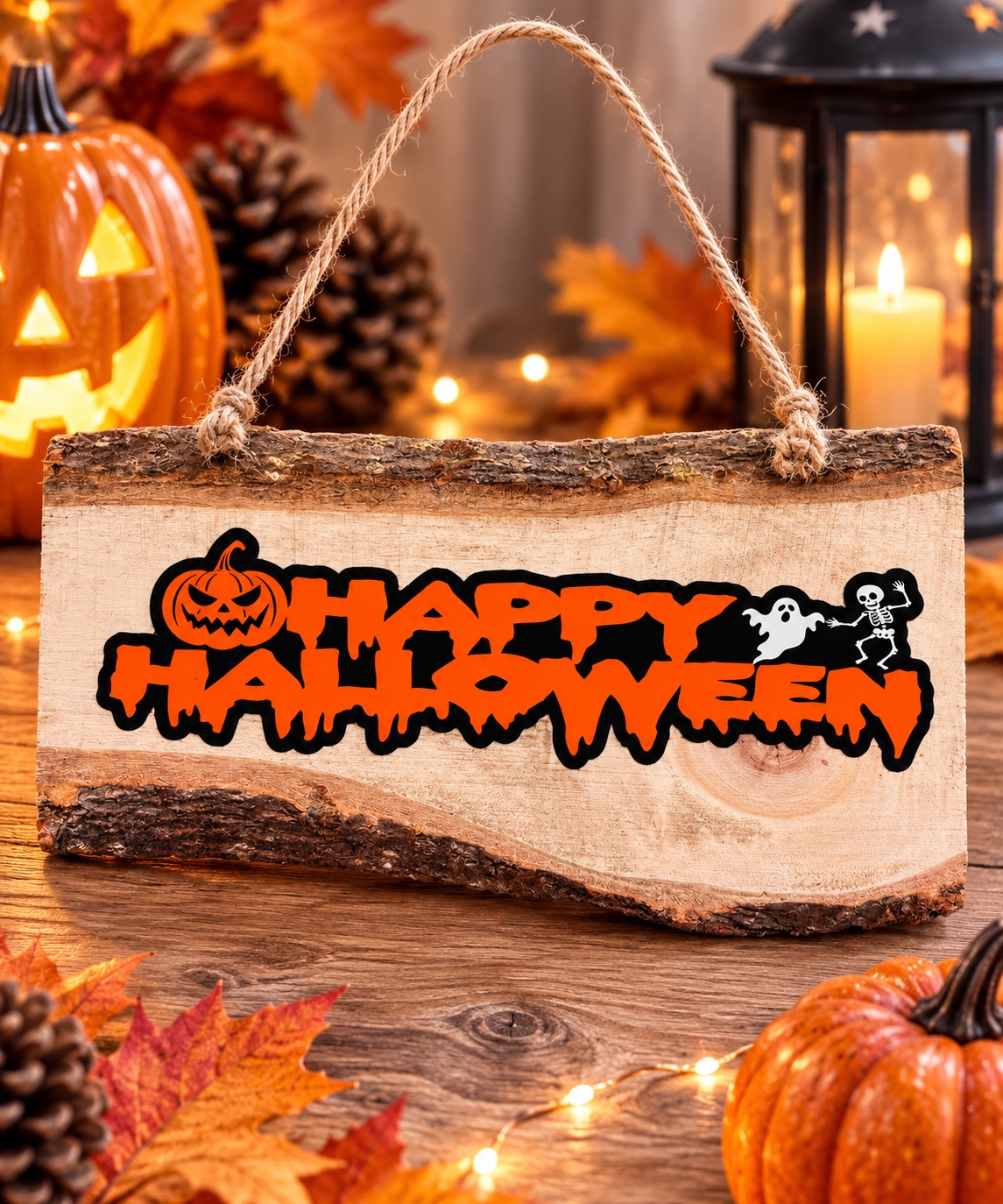 "Handmade Happy Halloween rustic wooden plaque with jack-o'-lantern and ghost design, surrounded by autumn pumpkins and leaves — by Harmony Hearts