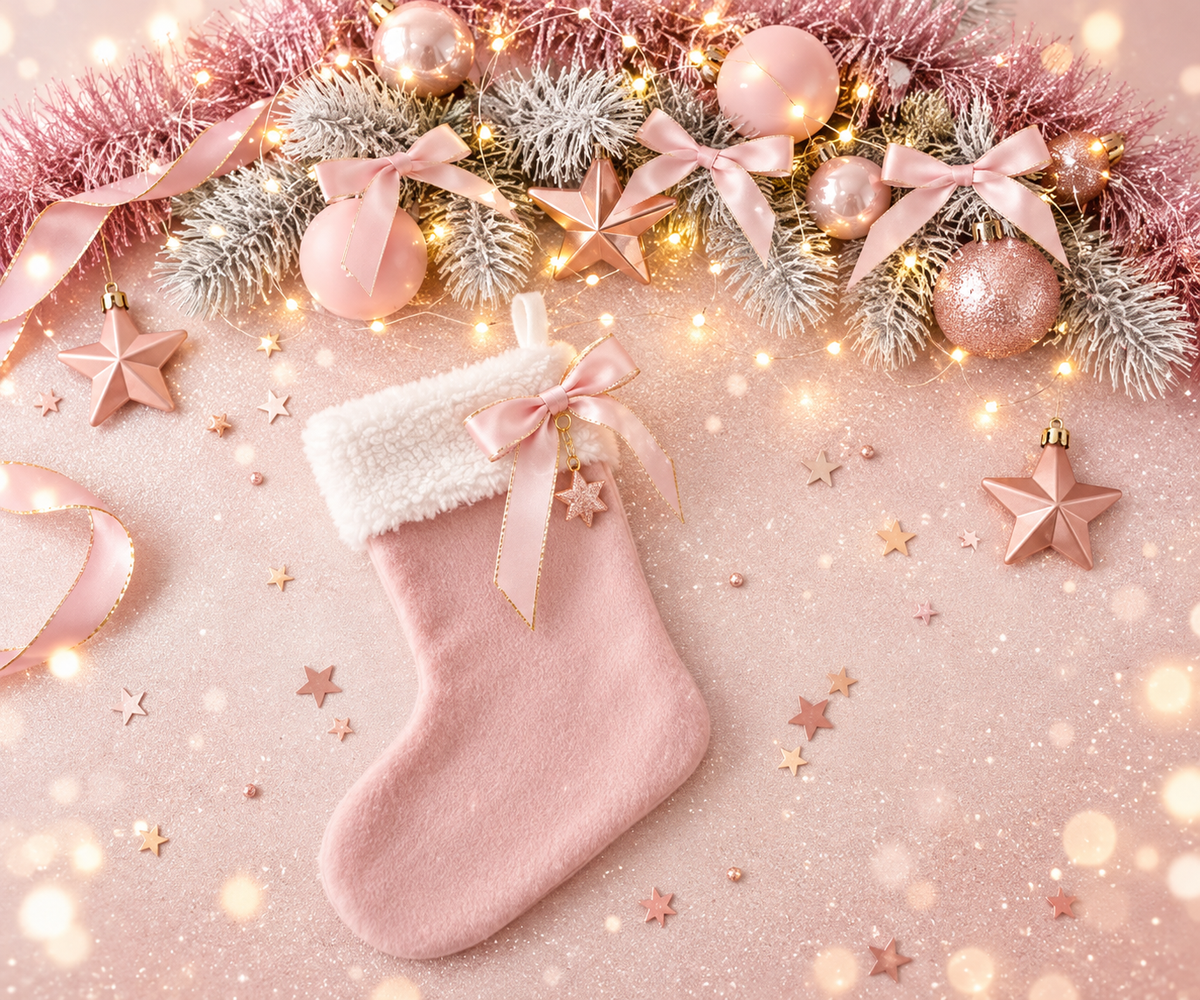 Pink Christmas Stockings Flat Lay Overhead