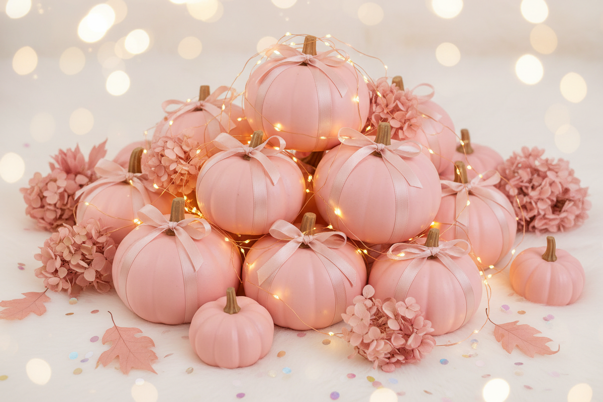 Harmony Hearts Pink Pumpkins with Bows Autumn Banner