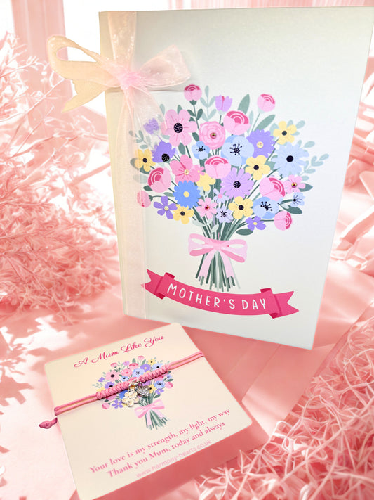 Mother's Day card with floral design and pink ribbon and a matching silver charm bracelet on a pink textured background