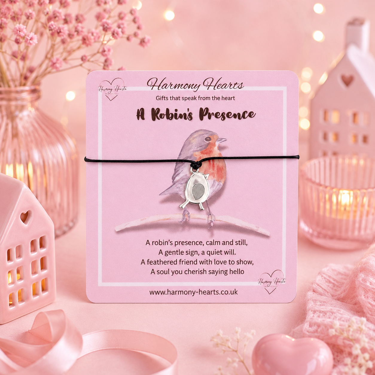 A robin bird charm on a black cord, displayed on a pink card from Harmony Hearts. The card is styled in a soft pink setting with decorative house lanterns, a glass vase of pink flowers, and warm bokeh lights.