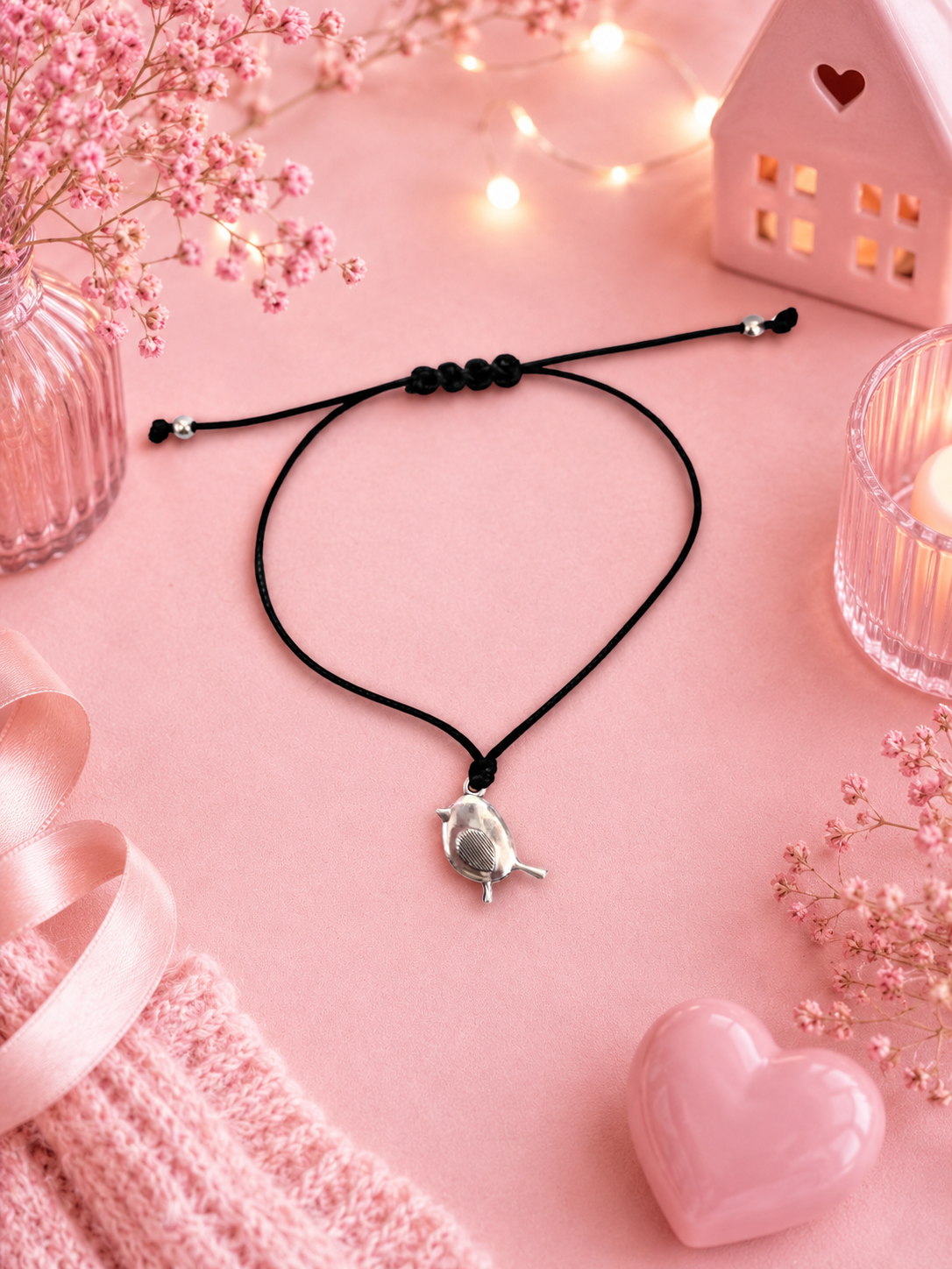 A black cord adjustable bracelet with a small silver robin charm, styled in a pink flat-lay setting with pink flowers, a pink house-shaped candle holder, and a pink heart ornament.