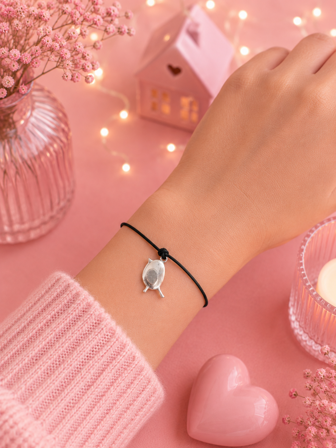 A close-up of a person's wrist wearing a black cord bracelet with a small silver robin charm, styled on a pink background with decorative props including a pink heart, flowers, and fairy lights.