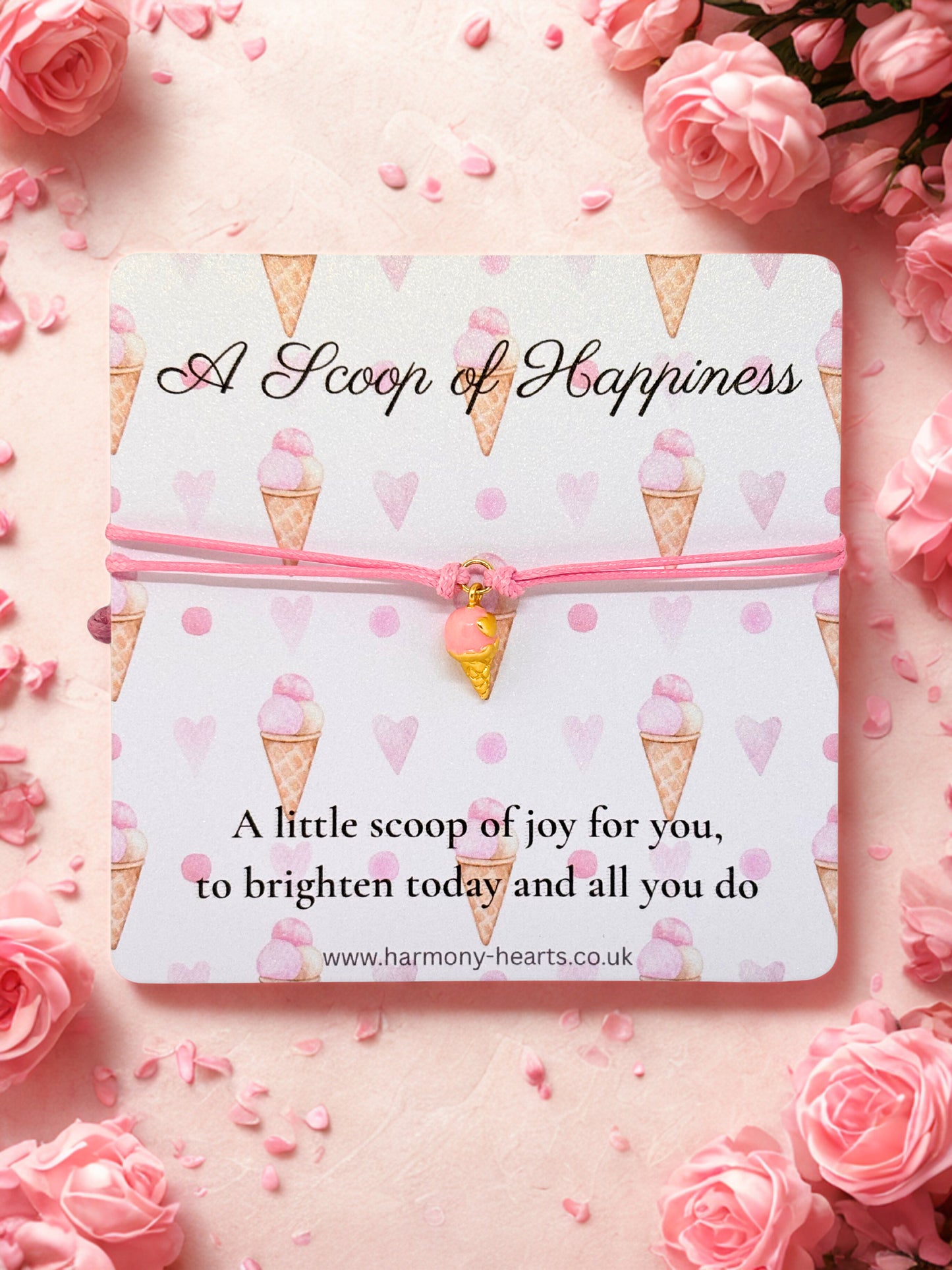 Pink cord bracelet with ice cream cone charm on a poem card 