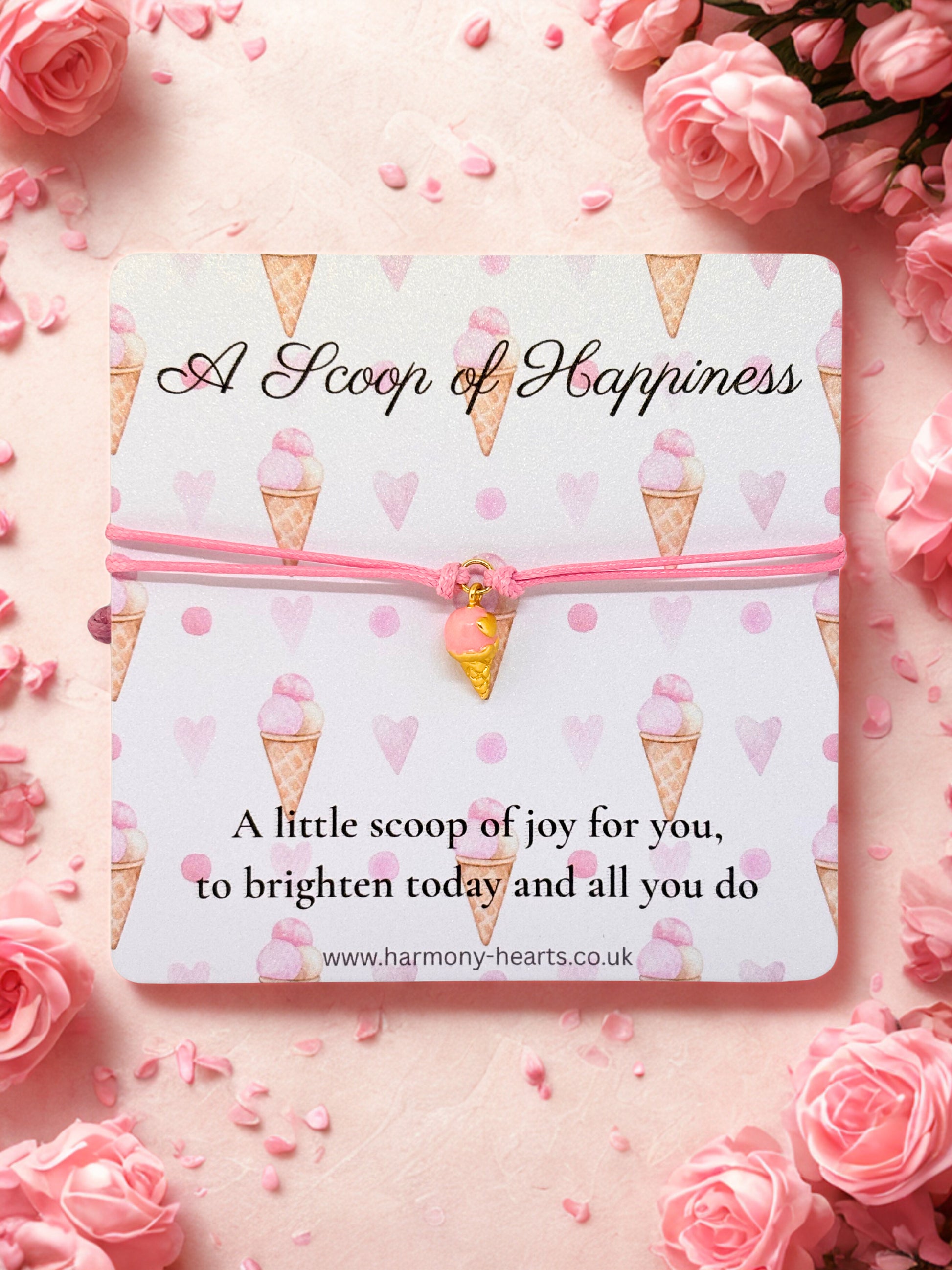 Pink cord bracelet with ice cream cone charm on a poem card 