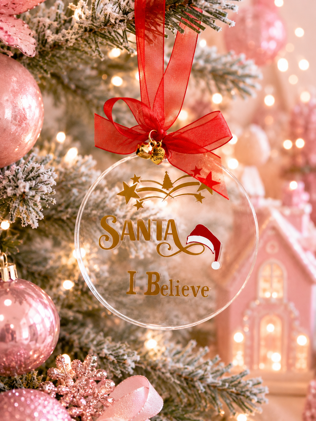 Acrylic Christmas Ornament hanging from a tree with the words Santa I Believe in gold vinyl and a Christmas hat and red ribbon