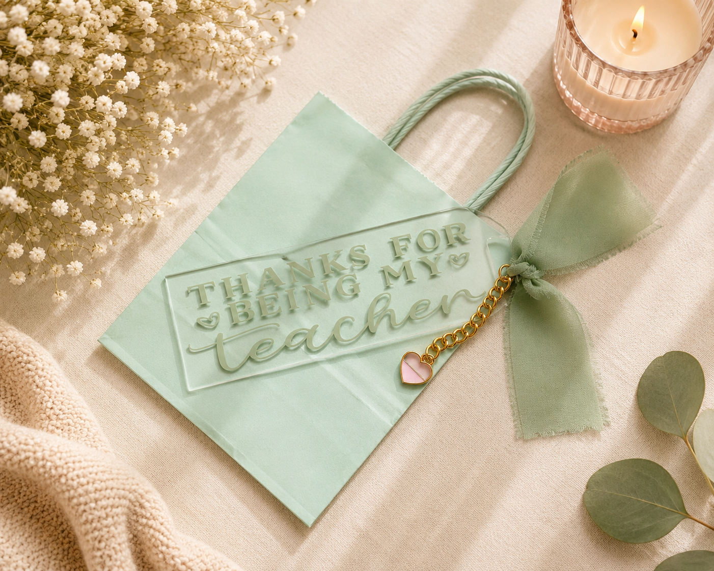 Mint green gift bag with and bookmark  'Thanks for being my teacher' text, ribbon, and small heart charm on a soft pink background with flowers and a candle.