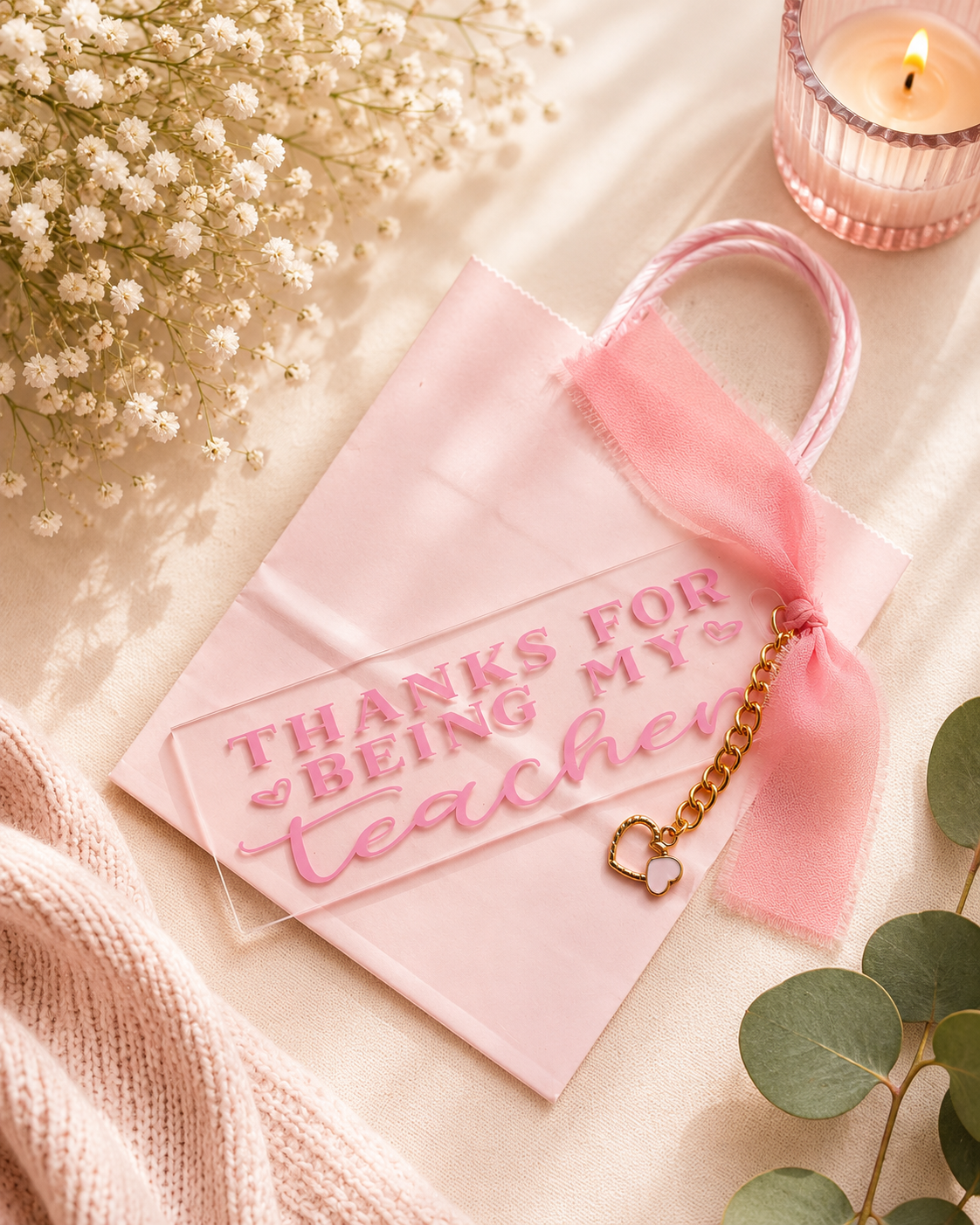 Pink gift bag and bookmark with 'Thanks for being my teacher' tag, surrounded by flowers and a candle.