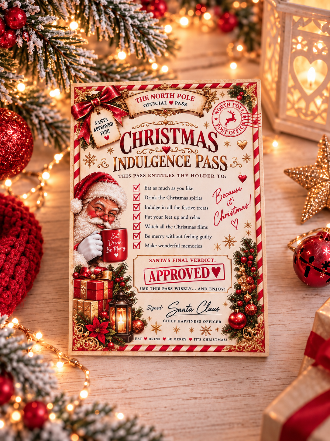 A festive Christmas indulgence pass card styled on a wooden surface with holiday decorations, including pine branches, red ornaments, a heart-shaped lantern, and a star, creating a warm holiday atmosphere.