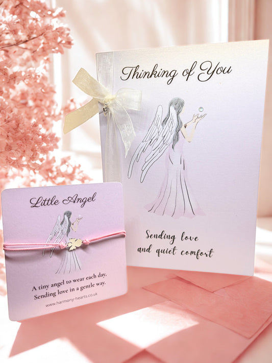 Thinking of you card with an angel illustration and matching bracelet card with angel bracelet