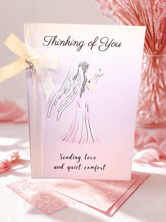 Thinking of you greeting card with angel illustrationv and ribbon detail