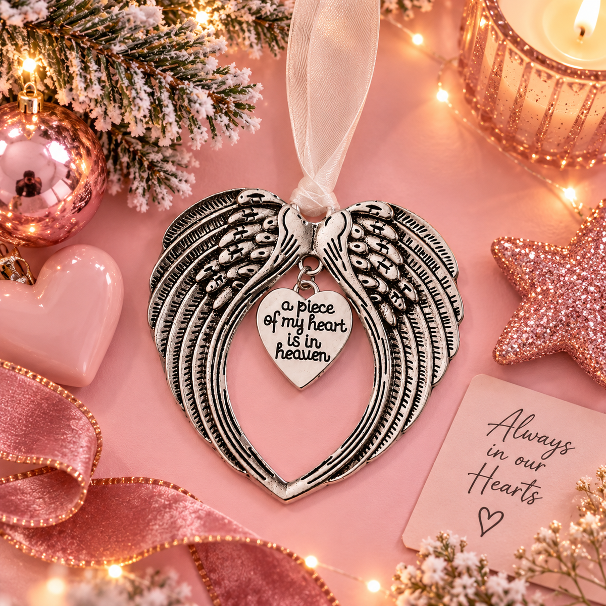 Heart shaped angel wing ornament with the words, A piece of my heart is in heaven laid on a pink surface