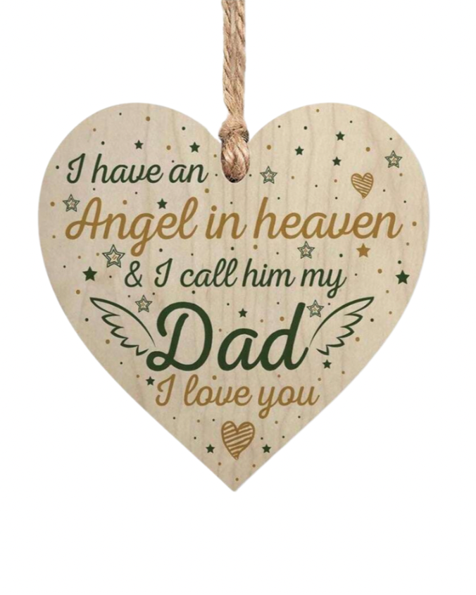 “Angel in Heaven” Heart-Shaped Wooden Hanging Plaque – Dad Memorial Keepsake with Engraved Tribute

