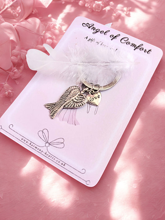 Silver angel keyring on a 'Angel of Comfort' card with pink flowers in the background