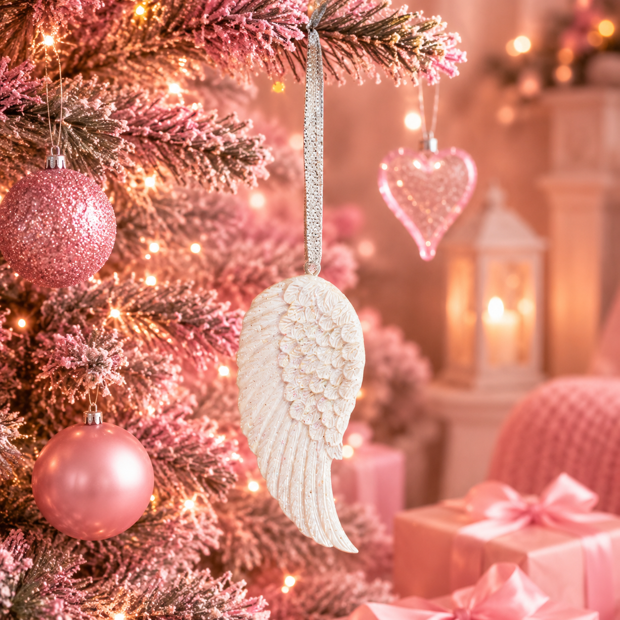 A white angel wing Christmas ornament hanging from a pink frosted Christmas tree with pink ornaments and warm string lights, with gift boxes and a softly blurred holiday background.