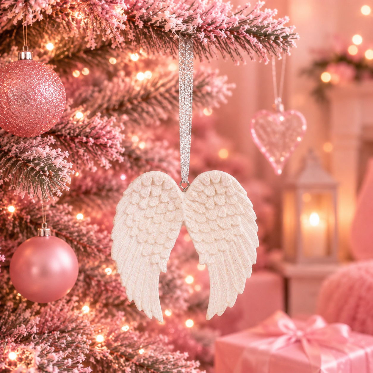 A white angel wings Christmas ornament hanging from a pink frosted Christmas tree, surrounded by pink ornaments, warm string lights, and a soft holiday room background.