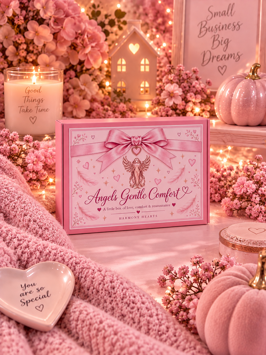 A pink gift box labeled 'Angels Gentle Comfort' by Harmony Hearts, styled on a pink blanket with candles, flowers, a small house ornament, and pumpkins in a warm, cozy setting.