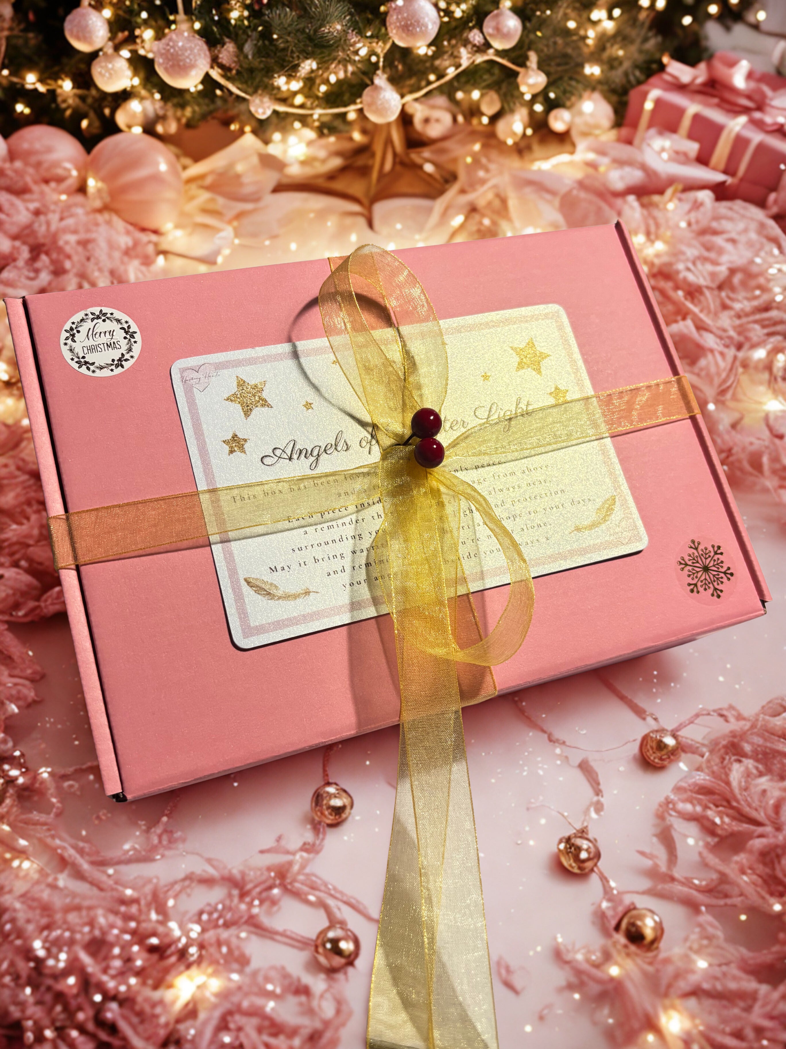 Pink gift box with a yellow ribbon and decorative tag, surrounded by festive decorations.