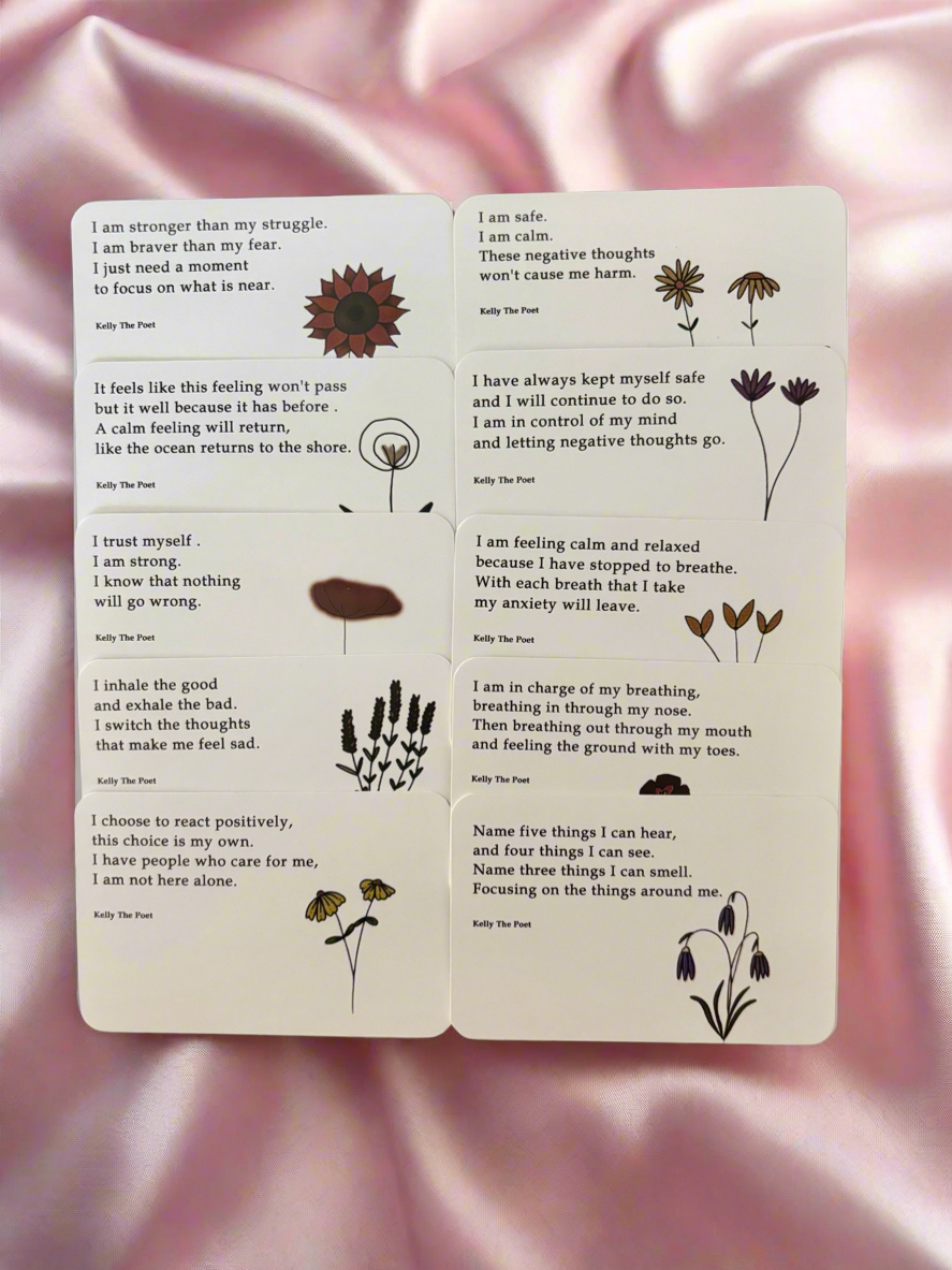 cards with text and floral illustrations on a pink background