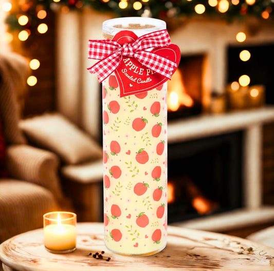 Tall candle with apple print and red and white tie