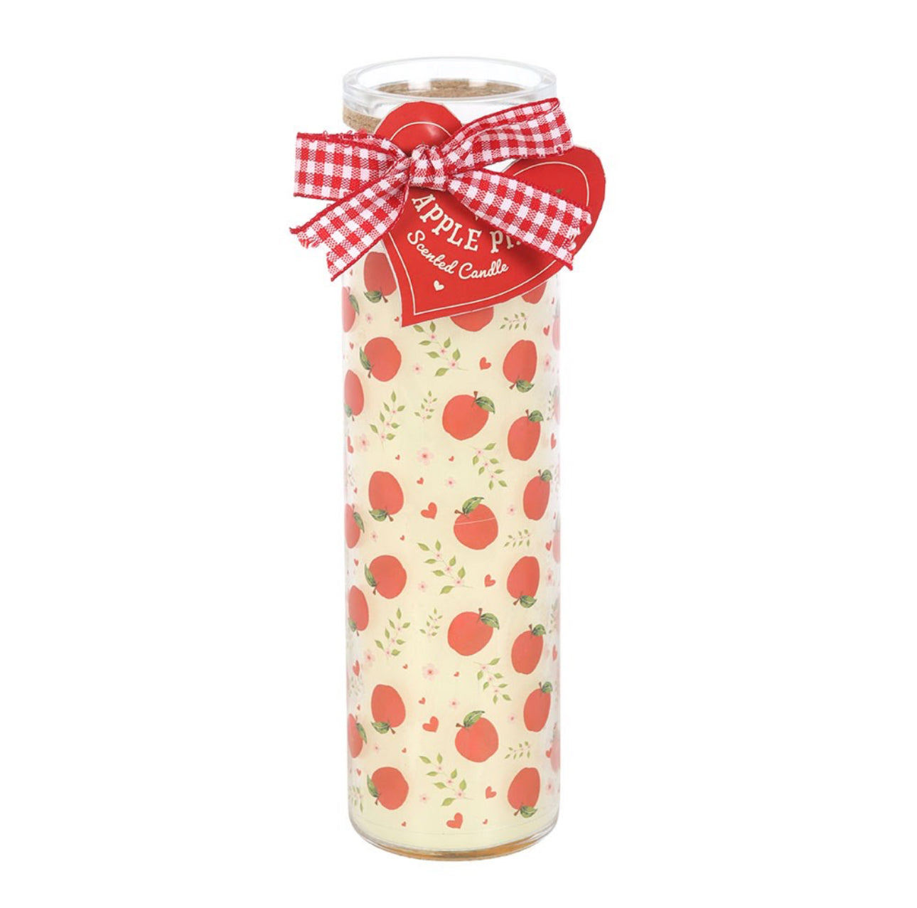 Tall glass candle with apple print design on a white background