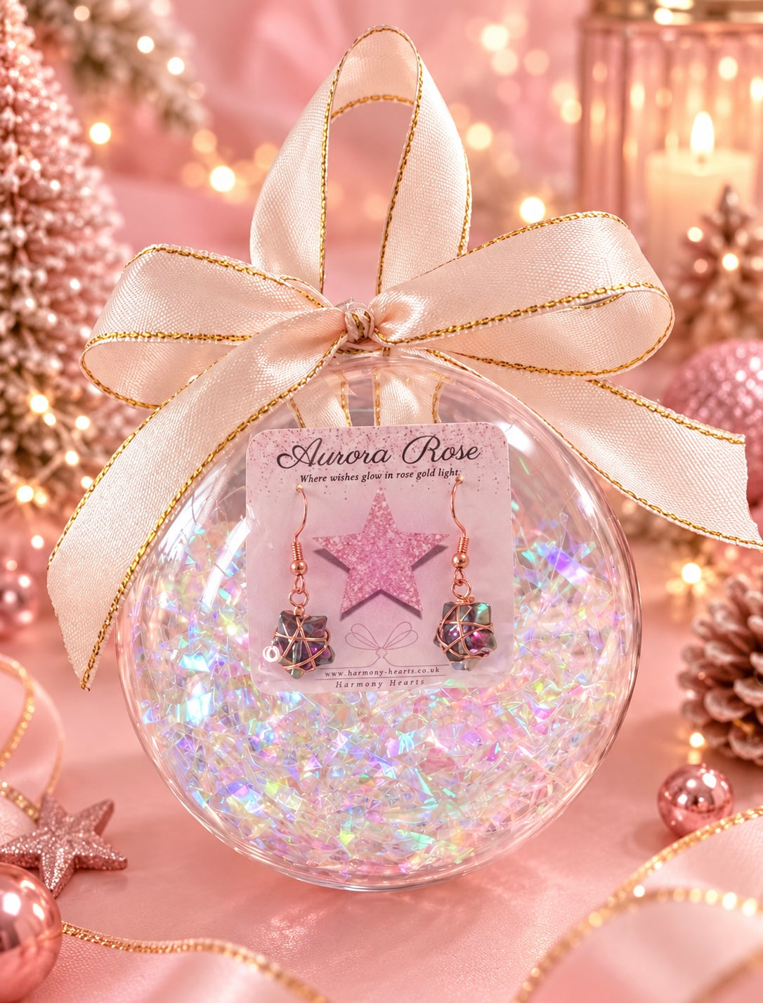 A clear round ornament filled with iridescent glitter and decorated with a cream satin ribbon and gold trim, hanging from a card that shows a pair of dangling earrings. The scene is styled in pink holiday decor with lights, ribbons, and ornaments.