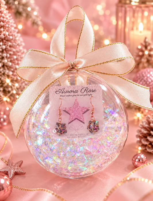 A clear round ornament filled with iridescent glitter and decorated with a cream satin ribbon and gold trim, hanging from a card that shows a pair of dangling earrings. The scene is styled in pink holiday decor with lights, ribbons, and ornaments.