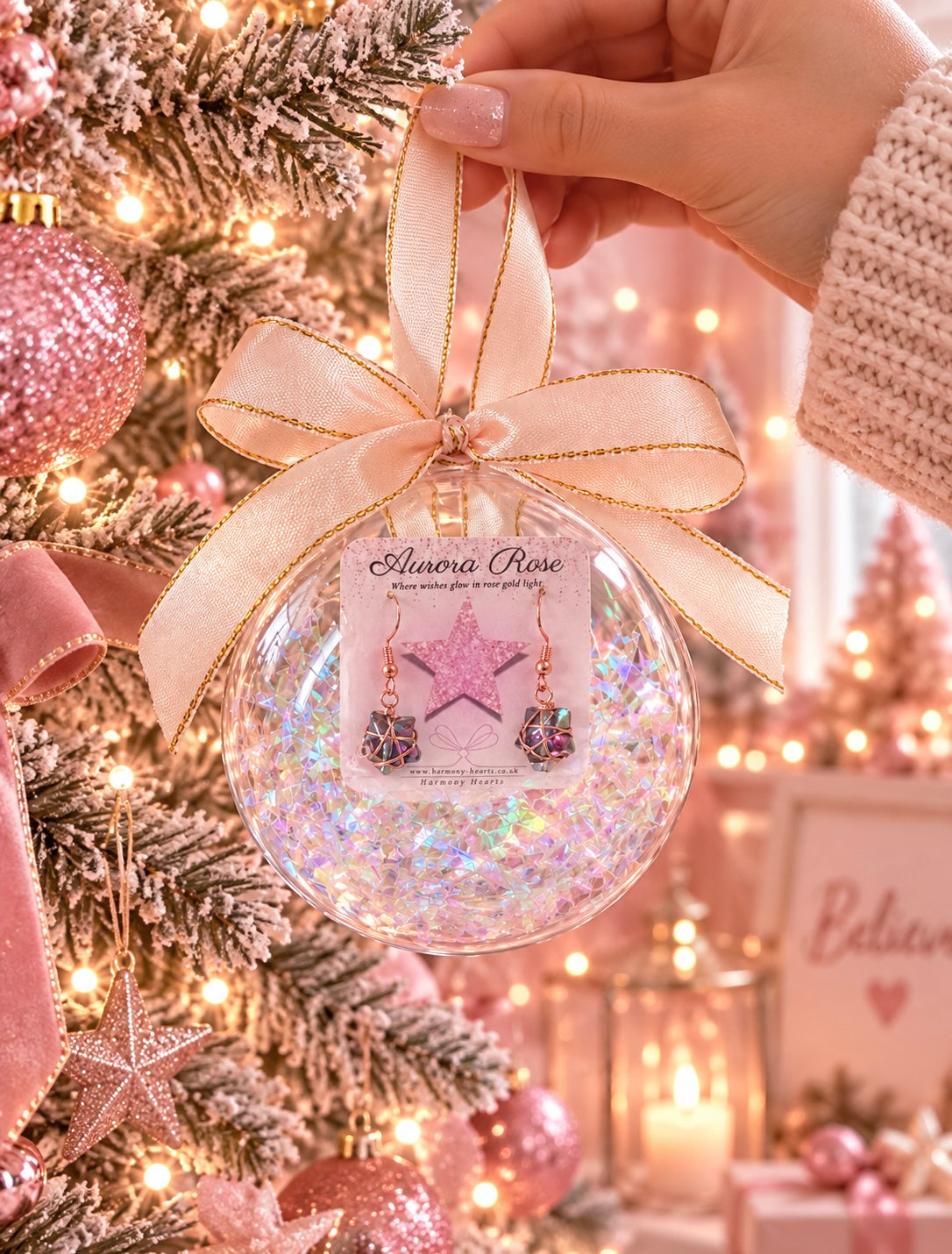 A hand holds a clear round ornament filled with pink glitter and dangling earrings, tied with a cream ribbon, in front of a decorated Christmas tree with warm lights. The card inside reads 'Aurora Rose'.