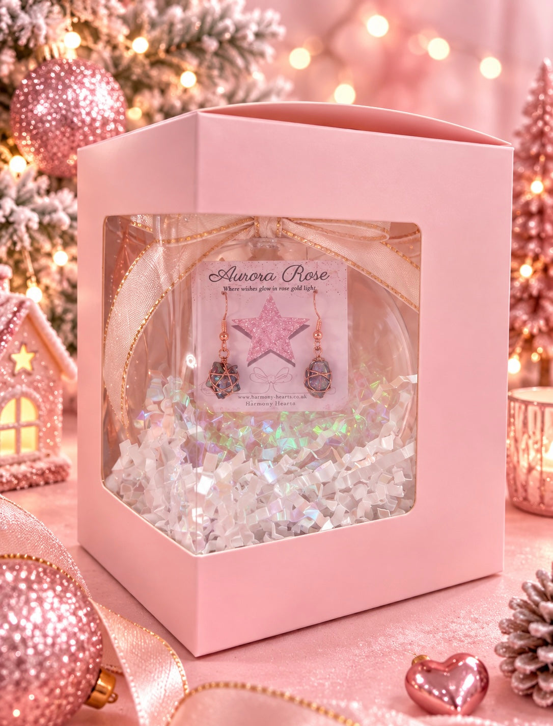 A pink gift box with a clear window displaying a pair of dangling earrings on a branded card, surrounded by festive pink holiday decorations and lights.