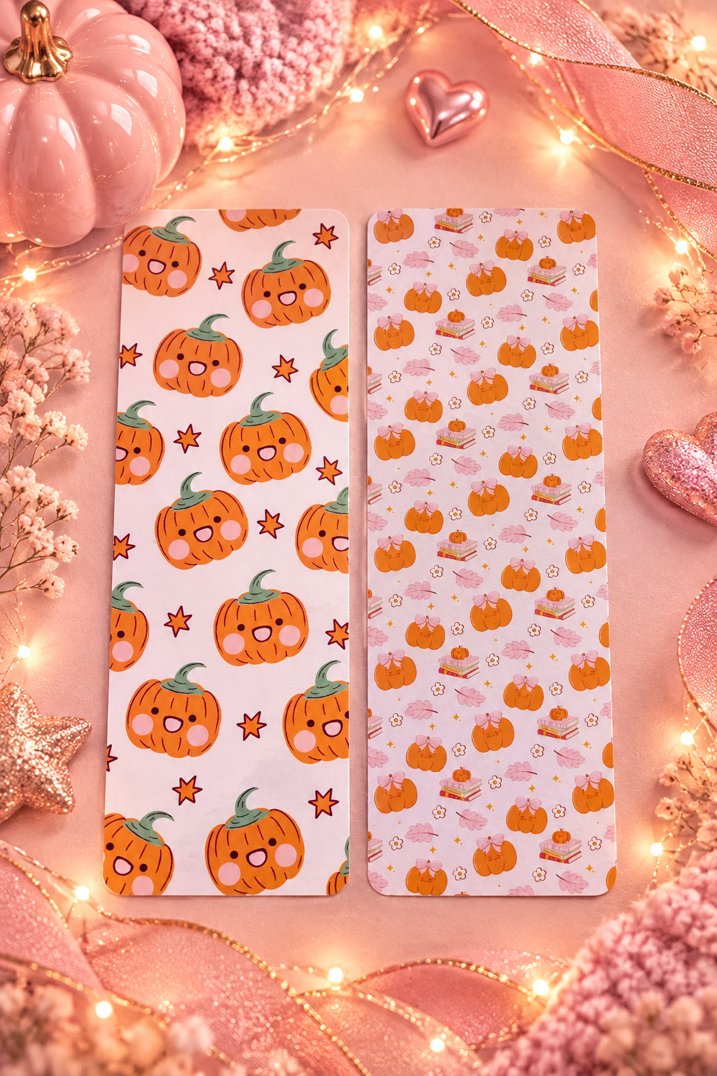 Set of Autumn bookmarks with cute pumpkin designs. Set on a pastel pink background with fairy lights and ribbons