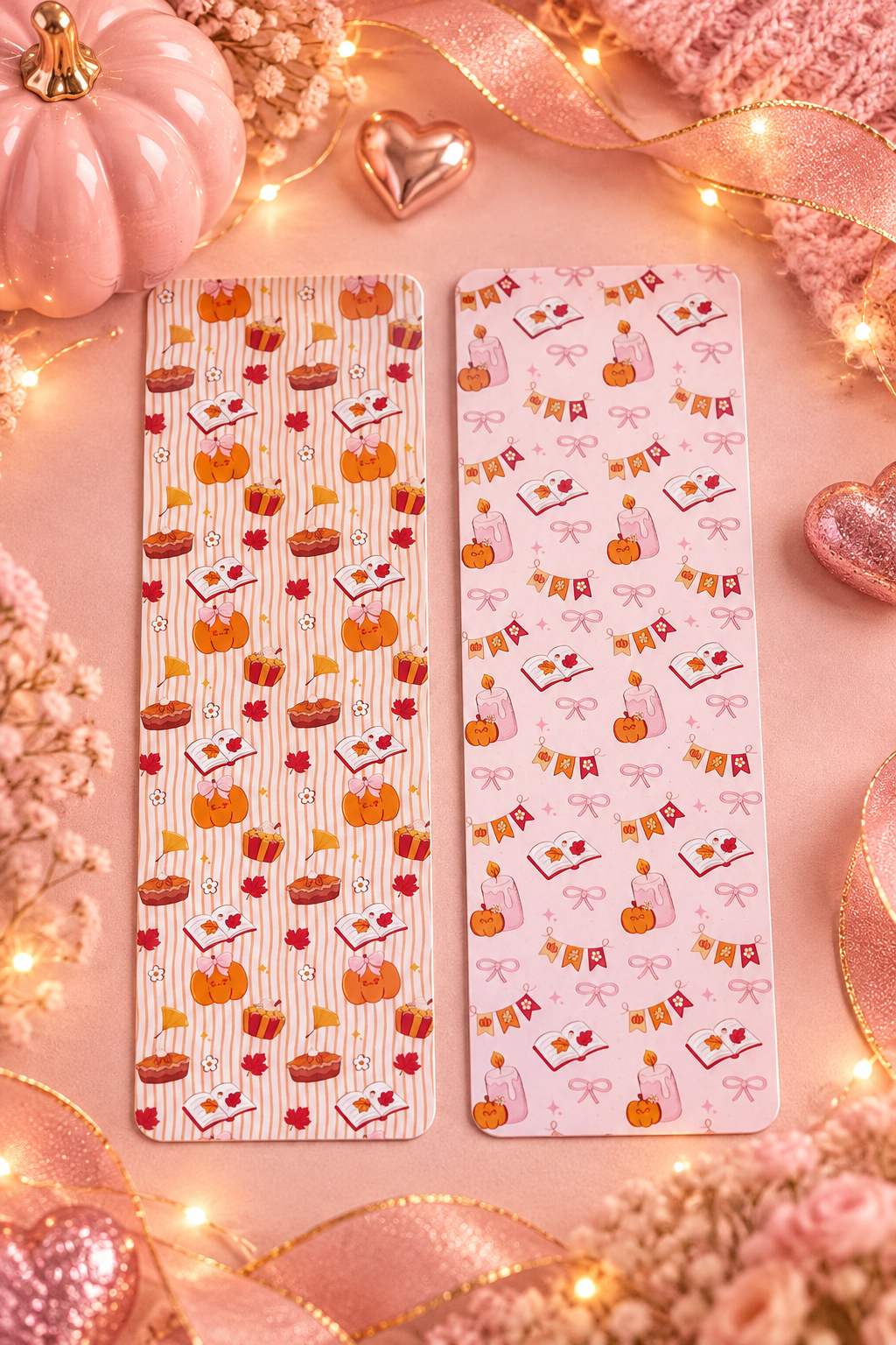 Two rectangular bookmarks with autumn-themed illustrations of pumpkins, acorns, bows, and banners, displayed side-by-side on a pink background decorated with ribbons, fairy lights, and dried flowers.