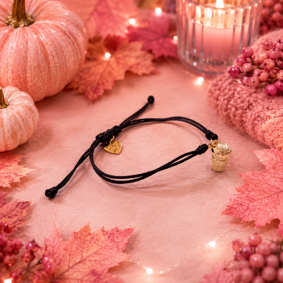 A black cord bracelet with a small gold coffee cup charm and a heart-shaped charm, styled on a pink surface with autumn leaves, pumpkins, berries, and a lit candle.