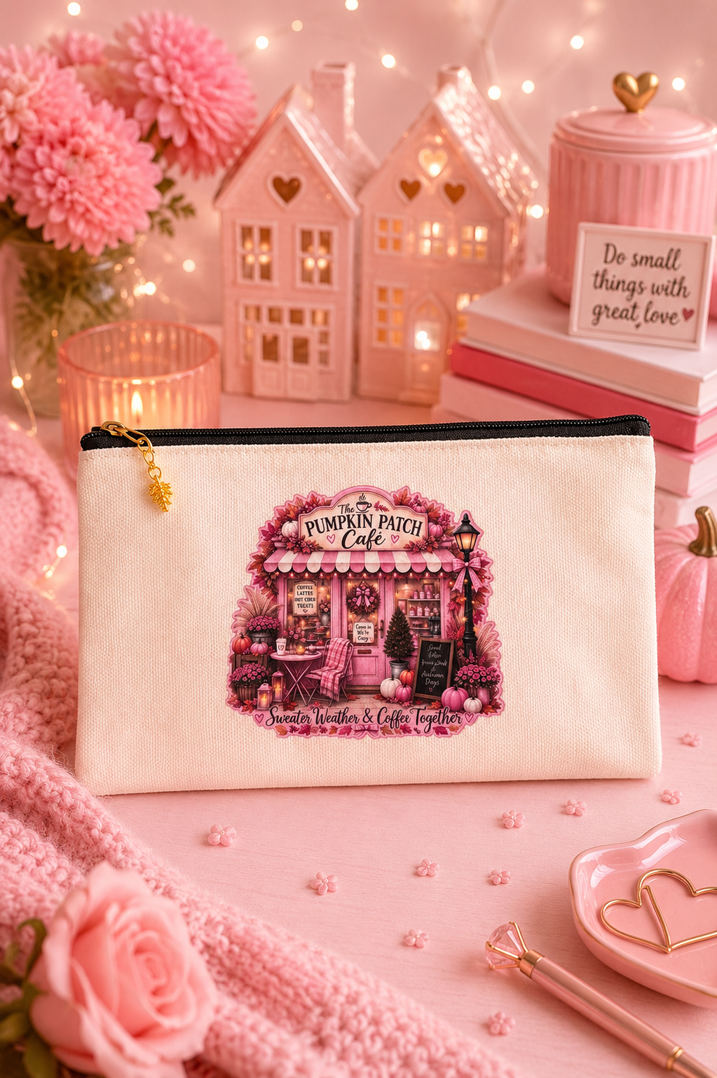 A cream-colored canvas pouch with a black zipper and a colorful embroidered graphic of a pink cafe, styled on a pink surface with pink props including a knit blanket, flowers, and miniature houses.