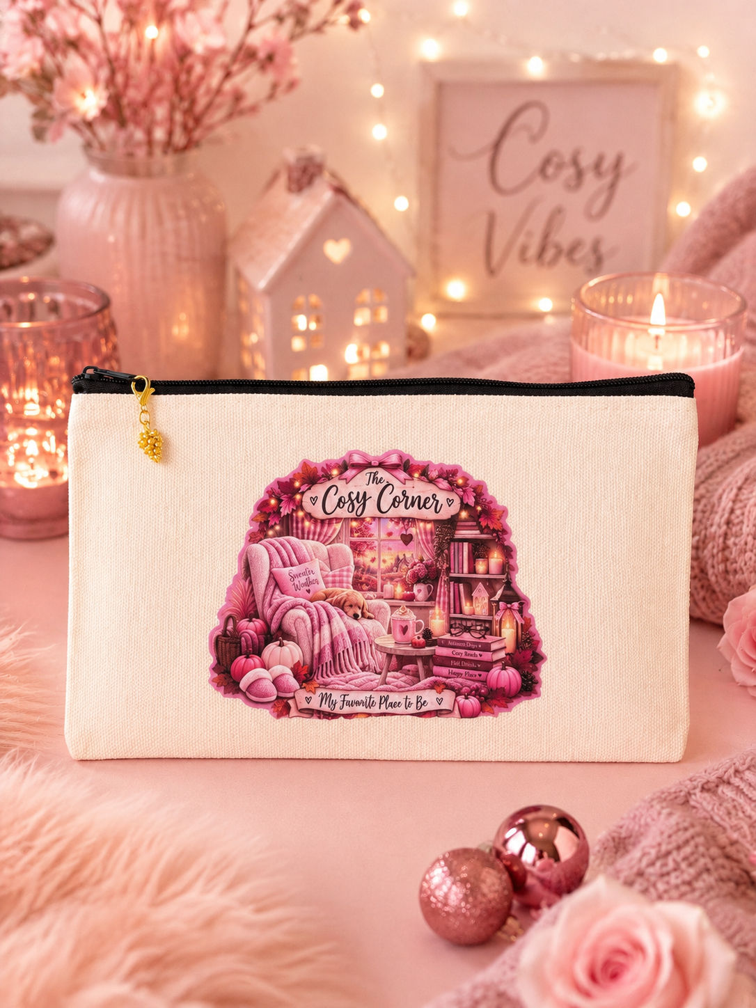 A cream-colored cosmetic pouch with a black zipper and a pink 'Cosy Corner' illustration, styled on a pink surface with candles, a small house, and string lights.